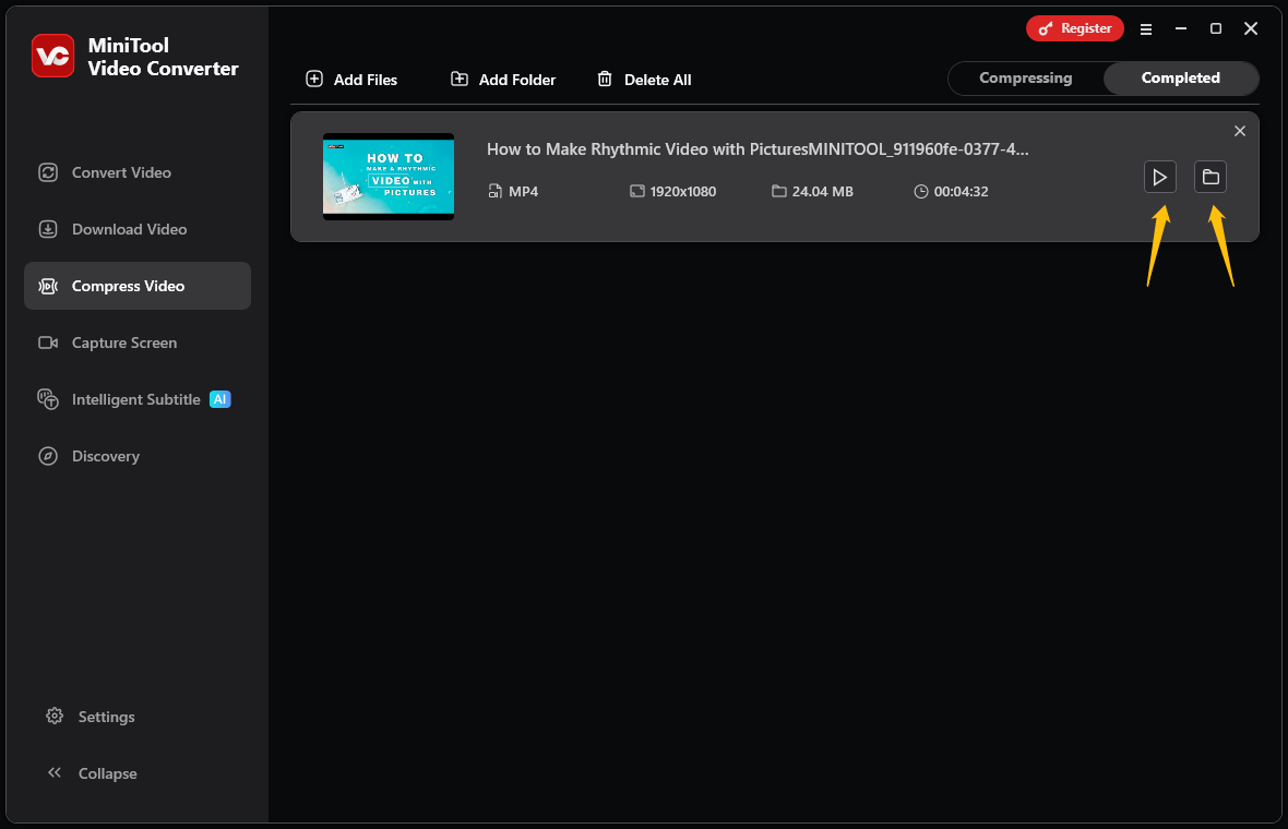 The completed interface for the compression function of MiniTool Video Converter shows both the play icon and the folder icon highlighted