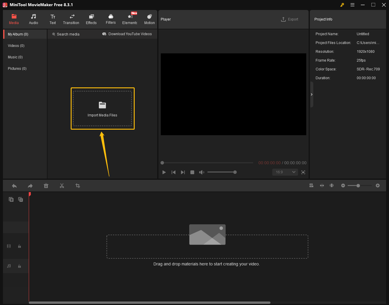 MiniTool MovieMaker interface with the Import Media Files area highlighted
