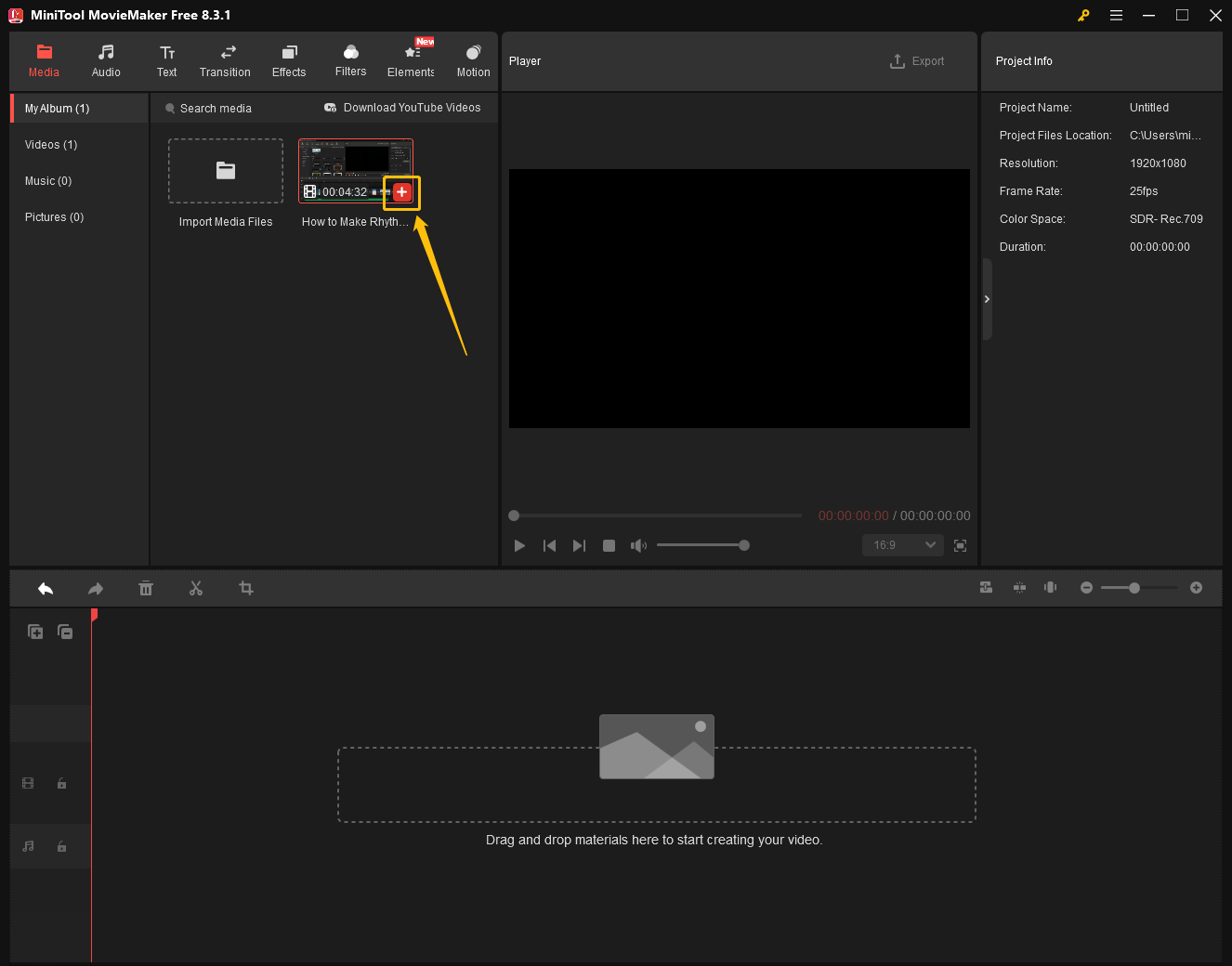 MiniTool MovieMaker interface with the plus icon at the bottom right corner of the video thumbnail highlighted