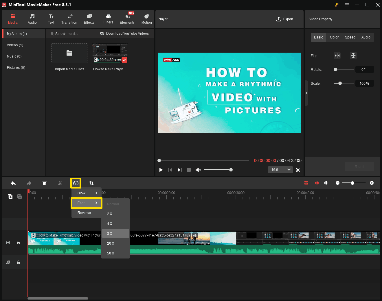 MiniTool MovieMaker interface with the Speed icon and the Fast option highlighted