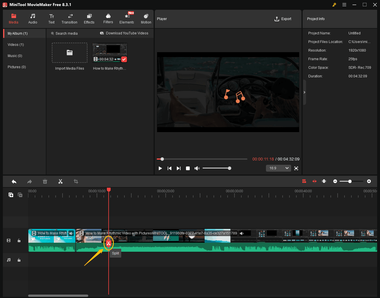MiniTool MovieMaker interface with the Split icon on the playhead highlighted