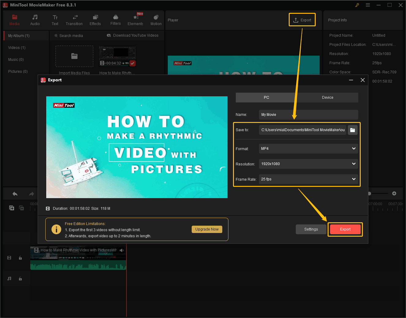 MiniTool MovieMaker interface with the Export option, the Save to option, the Format option, the Resolution option, the Frame Rate option, and the Export button highlighted