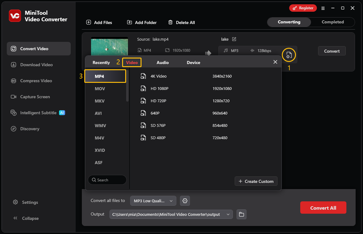 MiniTool Video Converter interface with the settings icon, the Video tab, and the MP4 option highlighted
