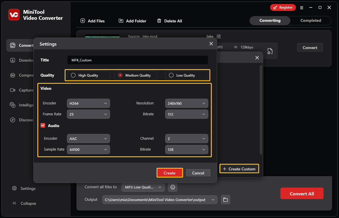 MiniTool Video Converter custom Settings window with the Quality, Video, and Audio area, and the Create button highlighted