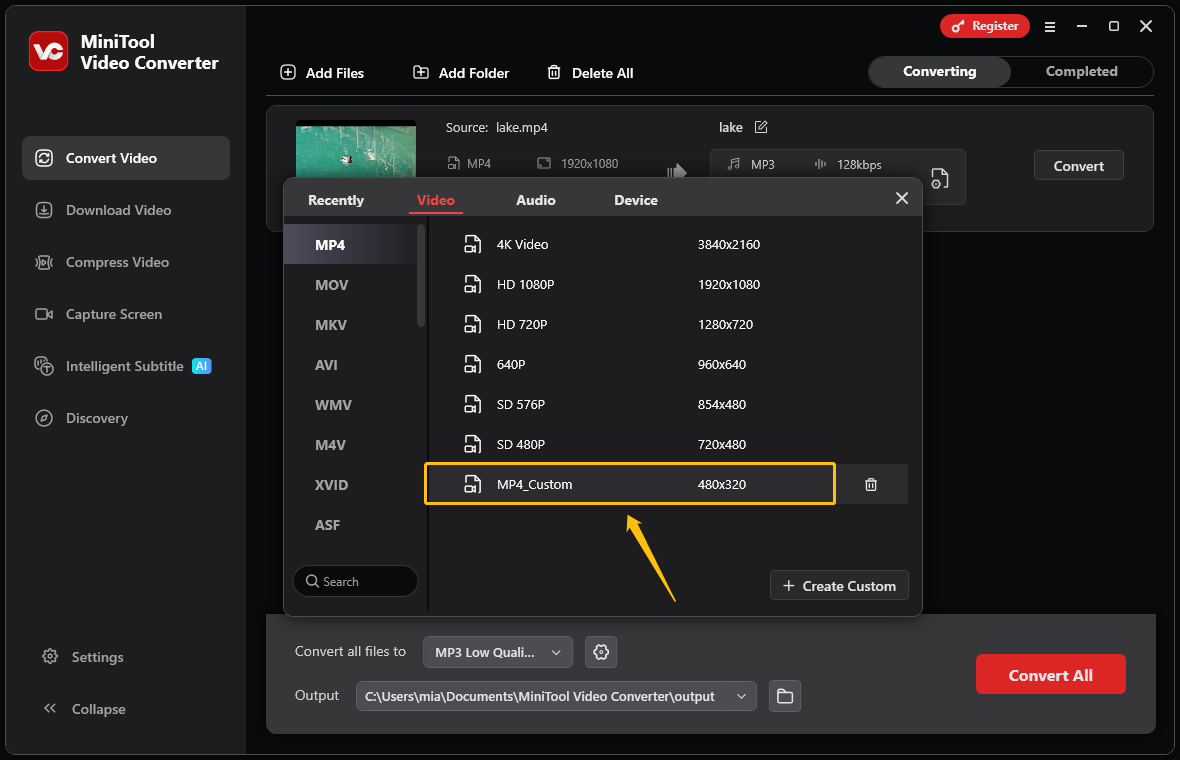 MiniTool Video Converter interface with a highlighted custom MP4 resolution