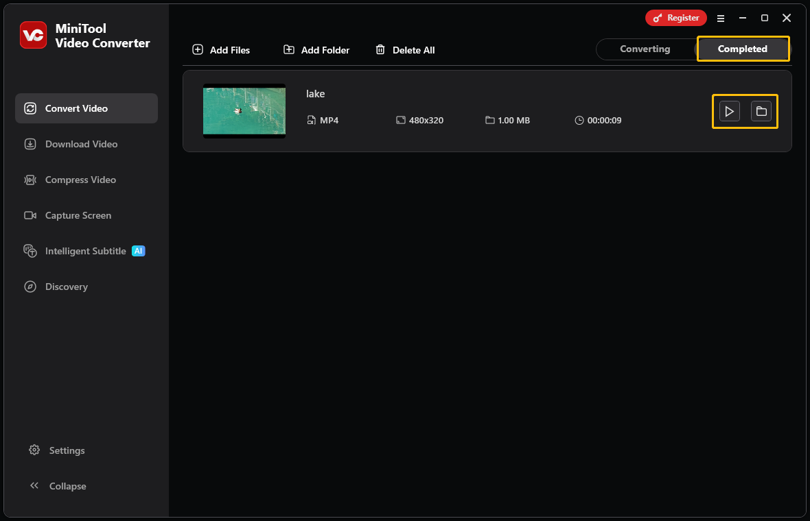 MiniTool Video Converter interface with a video conversion completed, and the play icon and the folder icon are highlighted