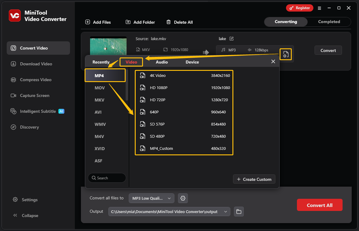 MiniTool Video Converter interface showing how to choose the output format.
