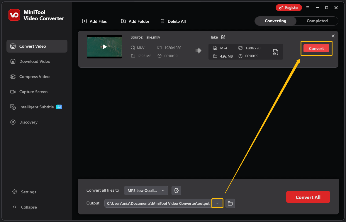 MiniTool Video Converter’s Convert Video Screen with the output option and the Convert option highlighted.