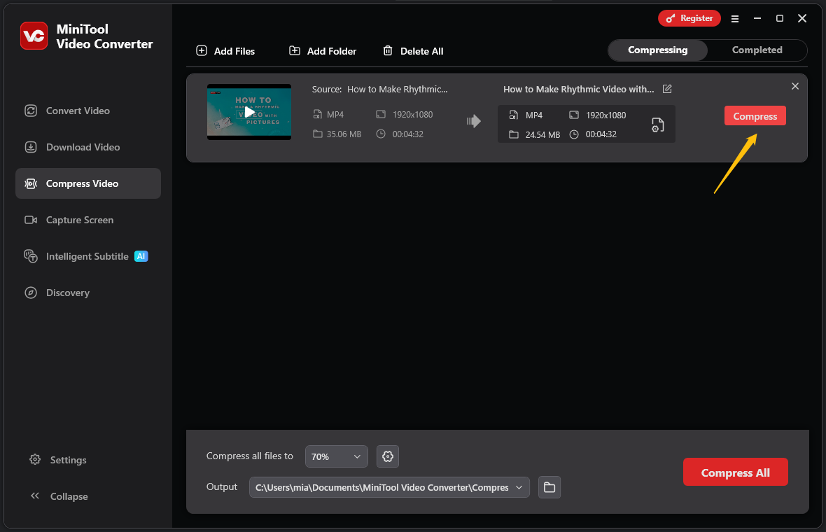 MiniTool Video Converter’s Compress Video screen with the Compress button highlighted.