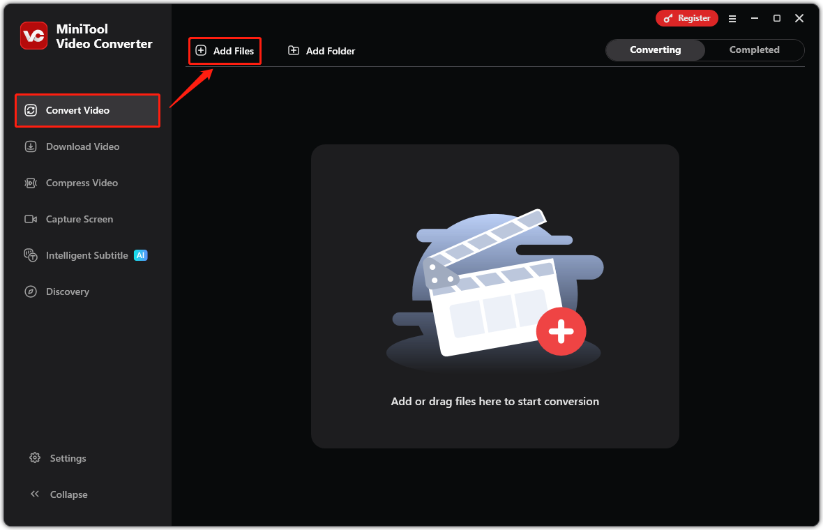 Markierung der Option Dateien hinzufügen in MiniTool Video Converter.