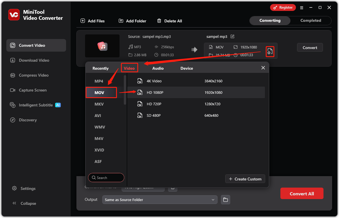 Ein Screenshot über das Öffnen des Ausgabeformatfensters und das Festlegen von MOV in MiniTool Video Converter.