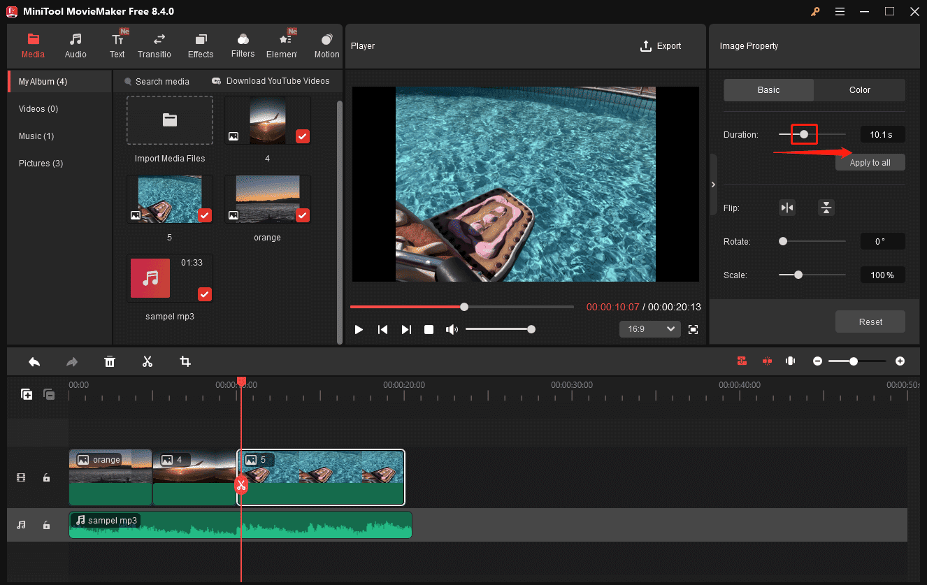 Markierung des Schiebereglers neben der Option Dauer in MiniTool MovieMaker.
