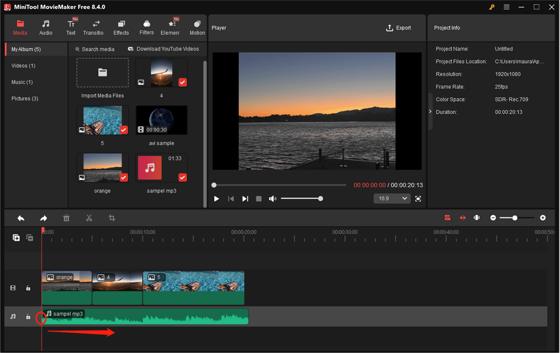 Ein Screenshot über das Trimmen der MP3-Datei auf der Zeitleiste in MiniTool MovieMaker.