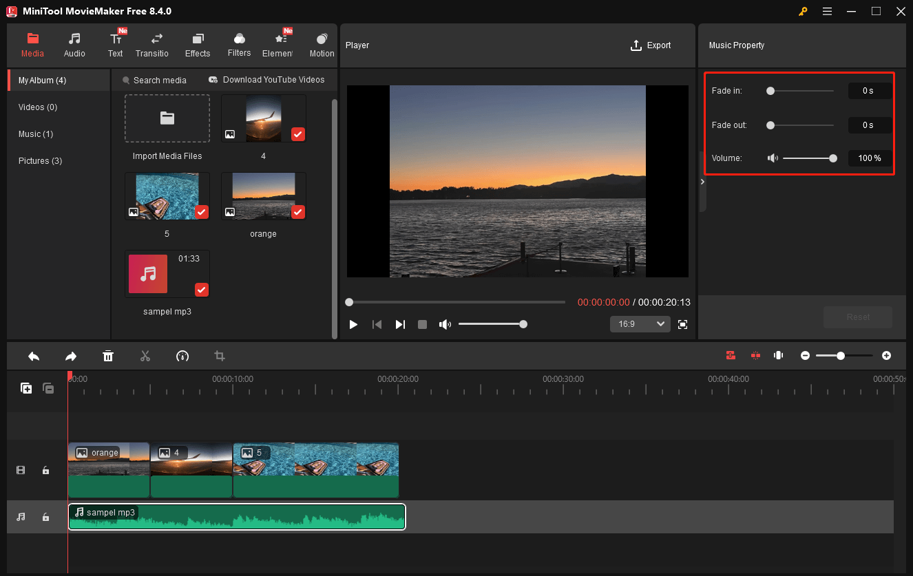 Markierung des Bereichs Musik-Eigenschaften zum Ändern verschiedener Musik-Parameter in MiniTool MovieMaker.