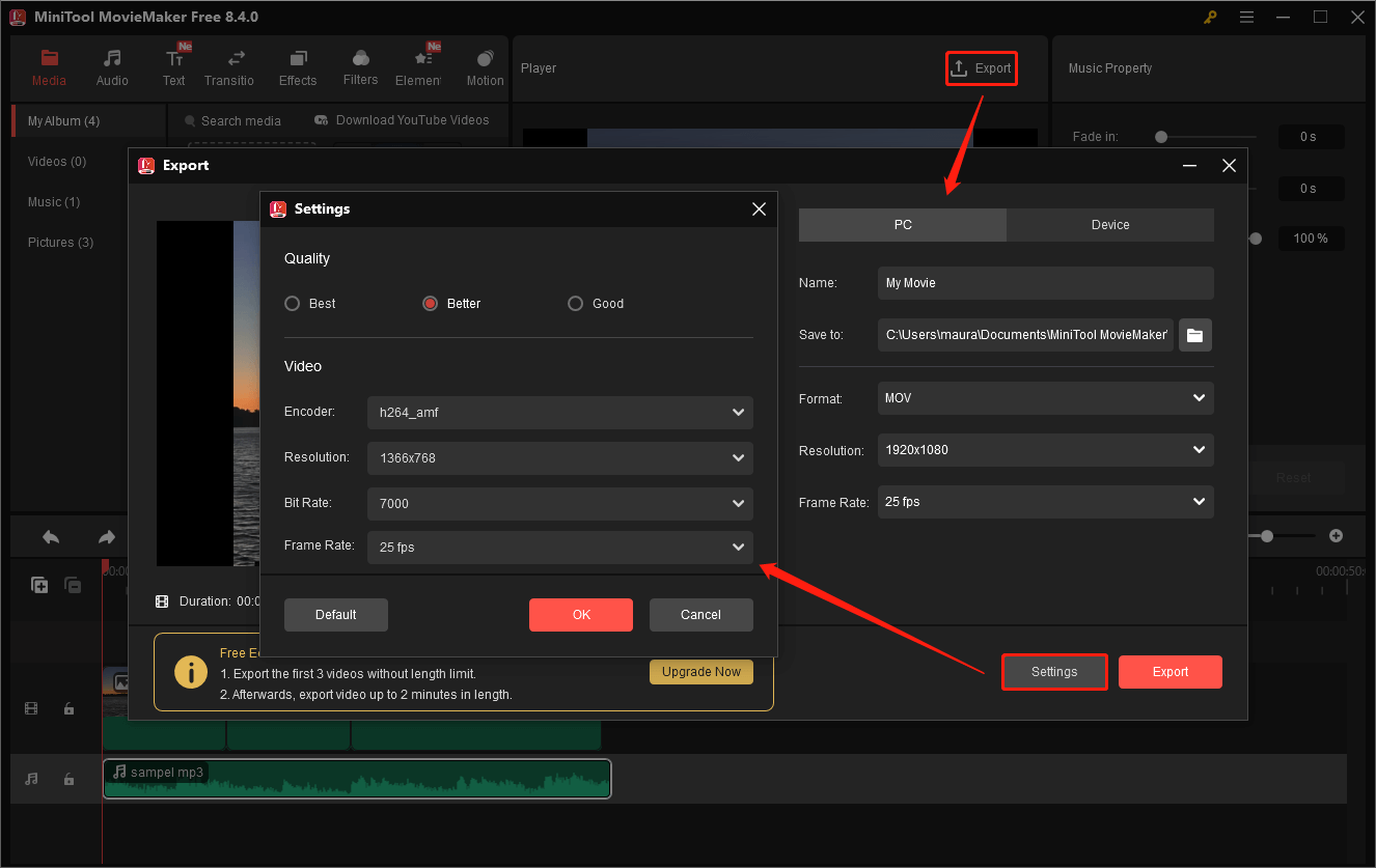 Ein Screenshot über das Exportieren der MP3-Datei mit Bildern als MOV-Datei in MiniTool MovieMaker.