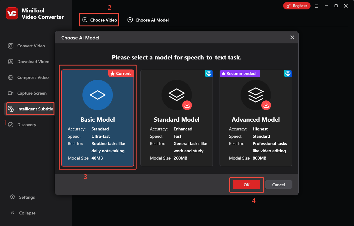 Choose the AI model you want and click on the OK button in MiniTool Video Converter to download it