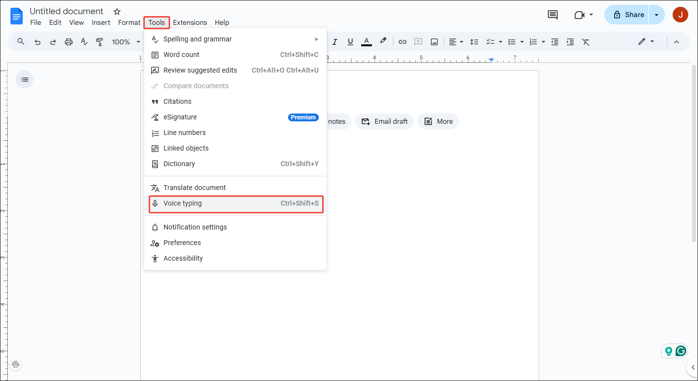 Expand the Tools option and select Voice typing in Google Docs to enable the transcription process