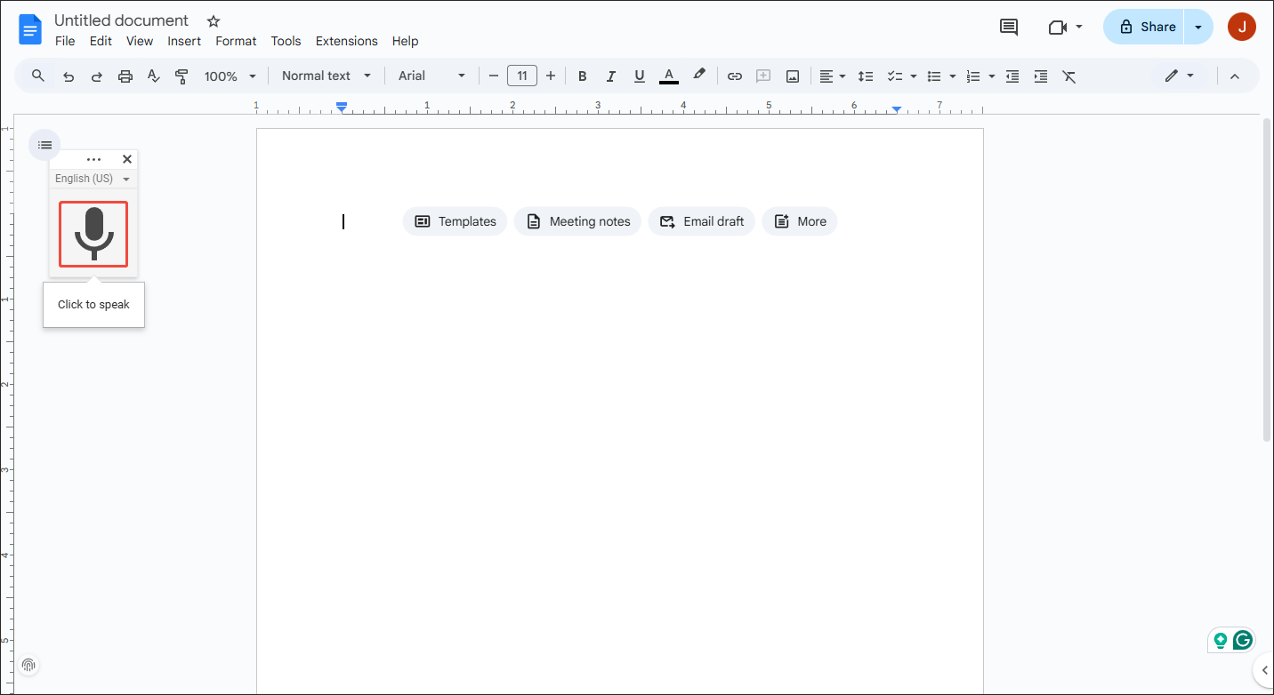 Click on the Microphone icon in Google Docs to start the transcription process