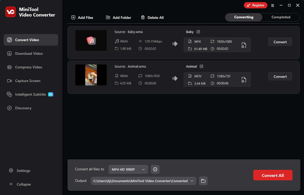 The conversion from WMA to other formats in MiniTool Video Converter