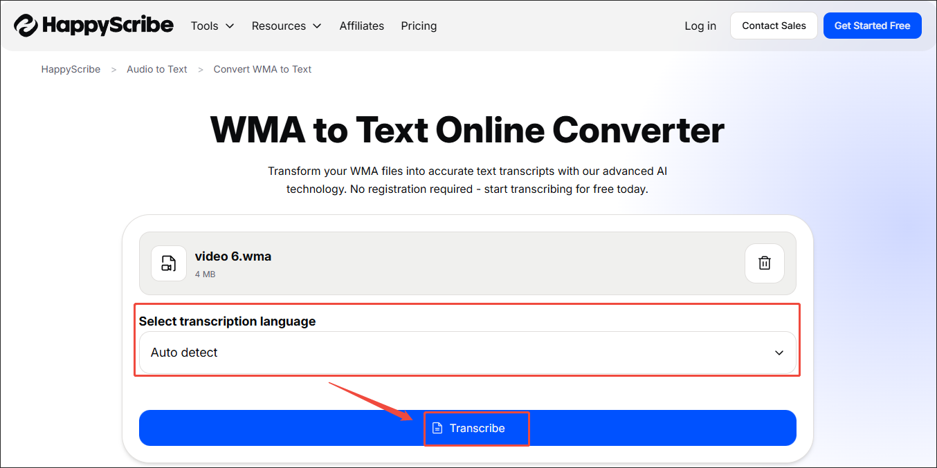 Expand the Select transcription language option to configure the transcription language, and click on Transcribe in HappyScribe to start the transcription process