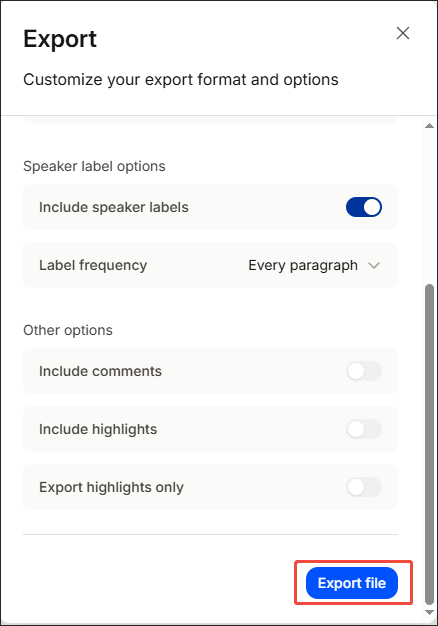 Click on the Export file option in HappyScribe