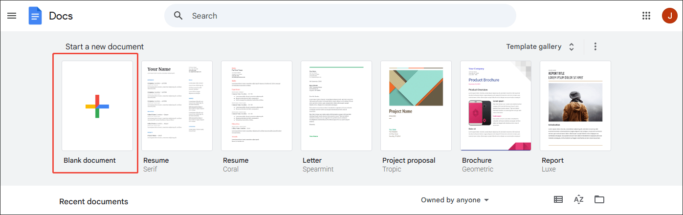 Click on the Blank document option in Google Docs to create a document