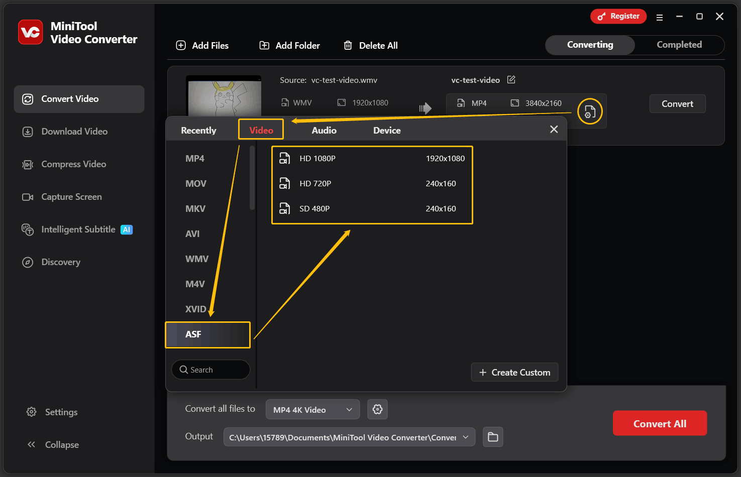 Auswahl des Ausgabeformats und der Auflösung im Popup-Fenster in MiniTool Video Converter.