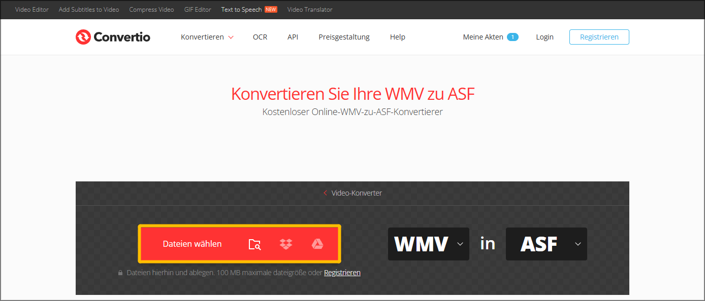 Markierung der Schaltfläche Dateien wählen in Convertio.