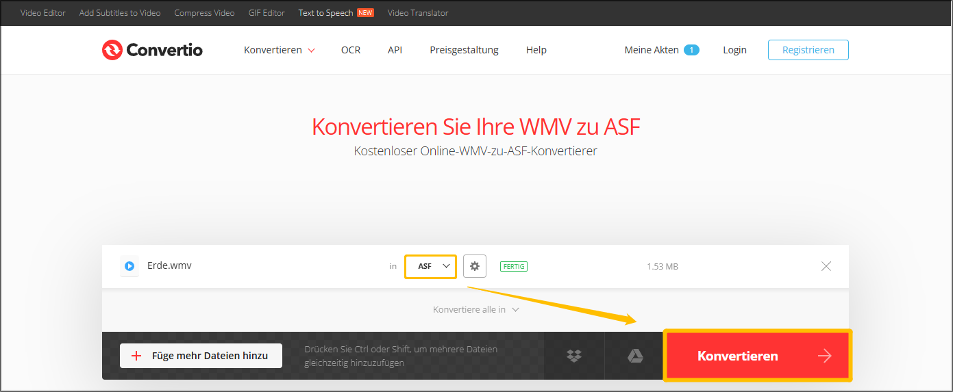 Markierung der Schaltfläche Konvertieren in Convertio.