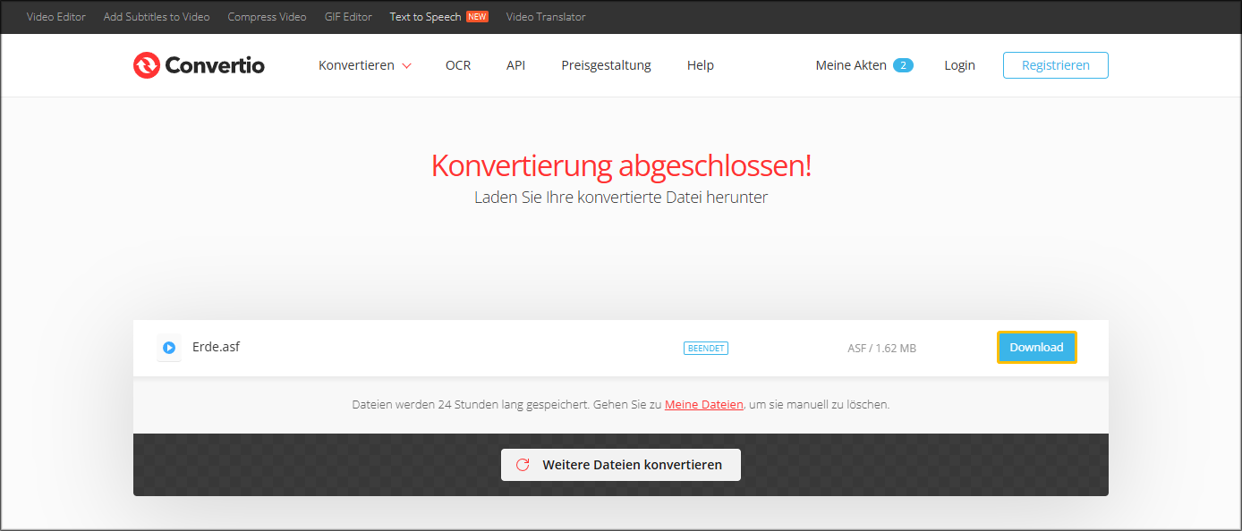 Klick auf die Schaltfläche Download zur Speicherung der konvertierten ASF-Datei.
