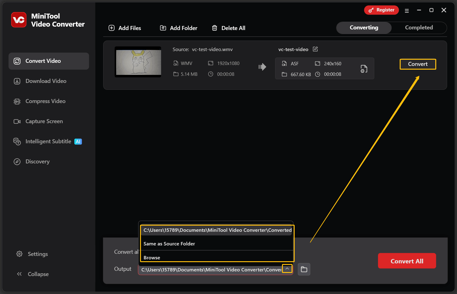 MiniTool Video Converter interface with the Output folder expanded and the Convert button highlighted.