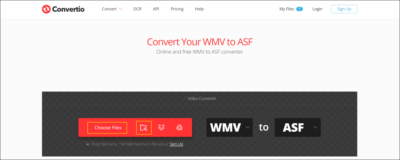 Convertio WMV to ASF page.