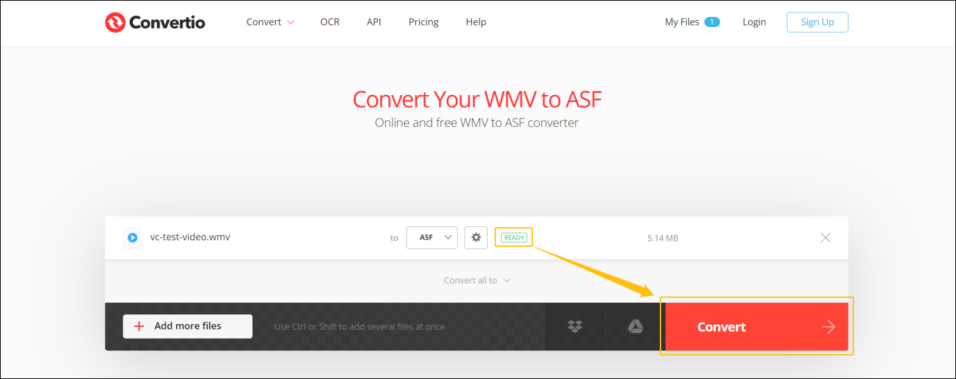 Convertio WMV to ASF page with the Convert button highlighted.