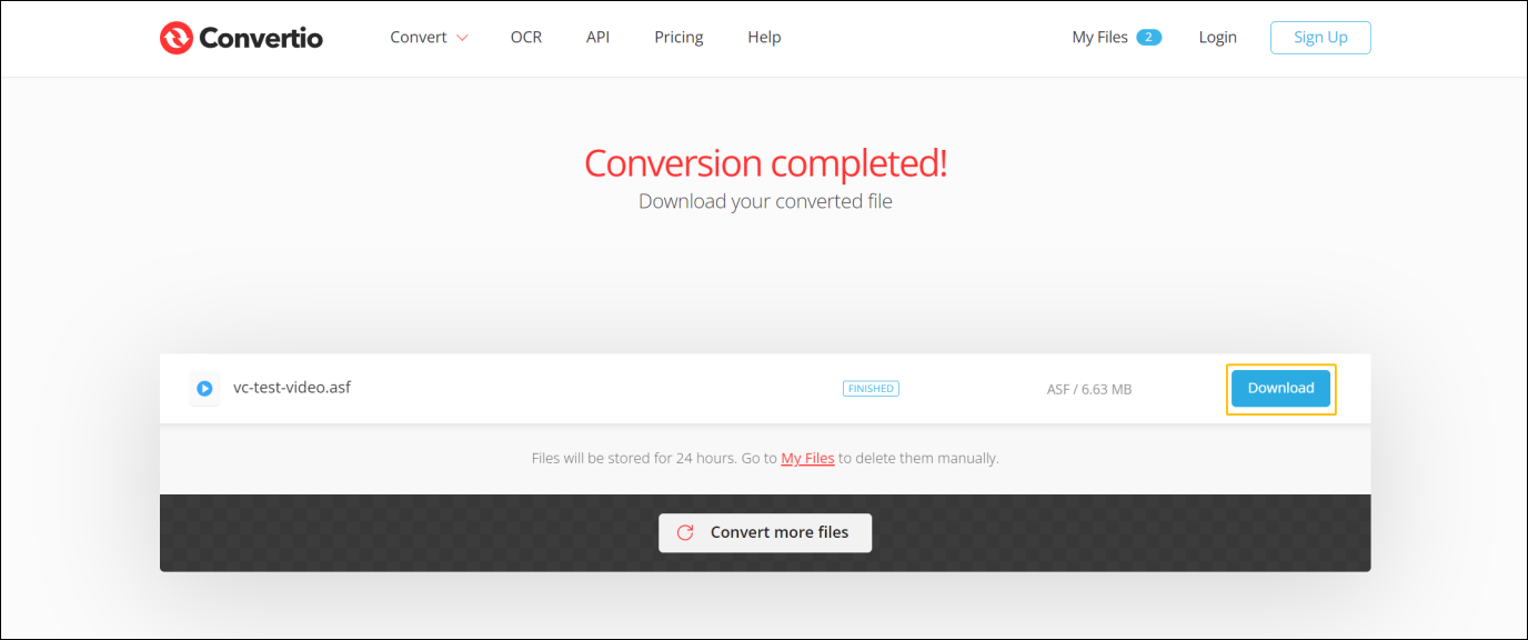 Convertio’s Conversion completed page with the Download button highlighted.