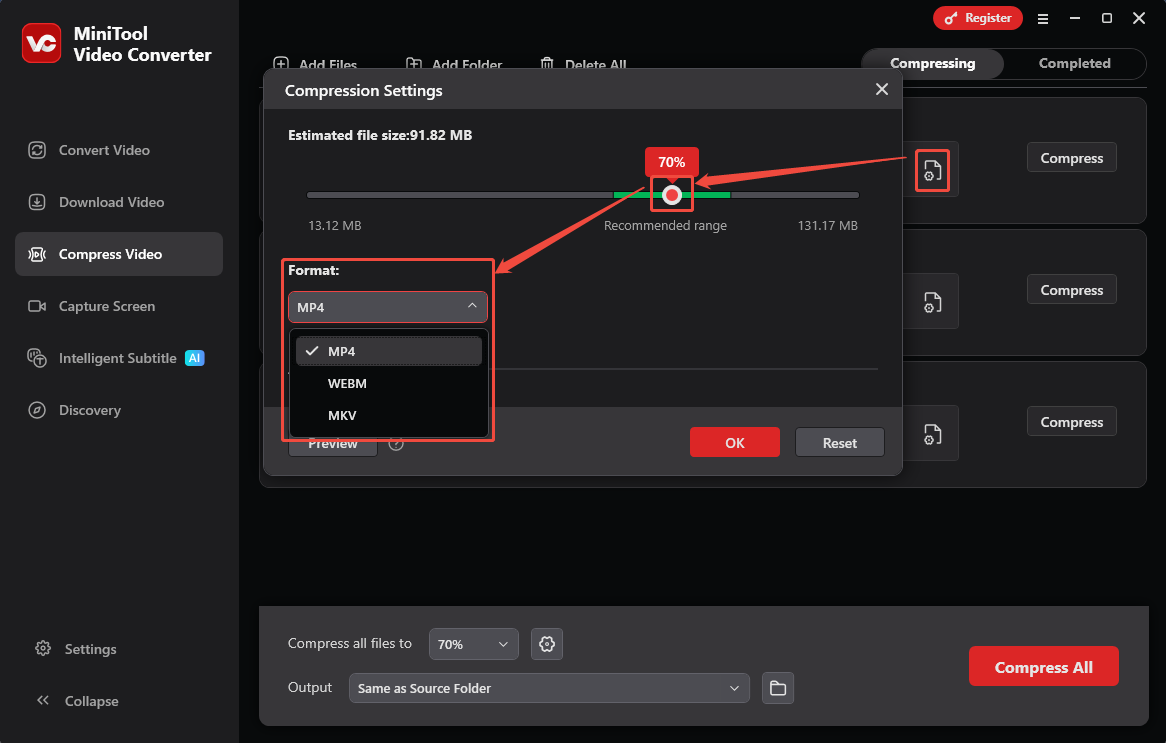 MiniTool Video Converter Compression Settings window showing how to customize the compression percentage and format.