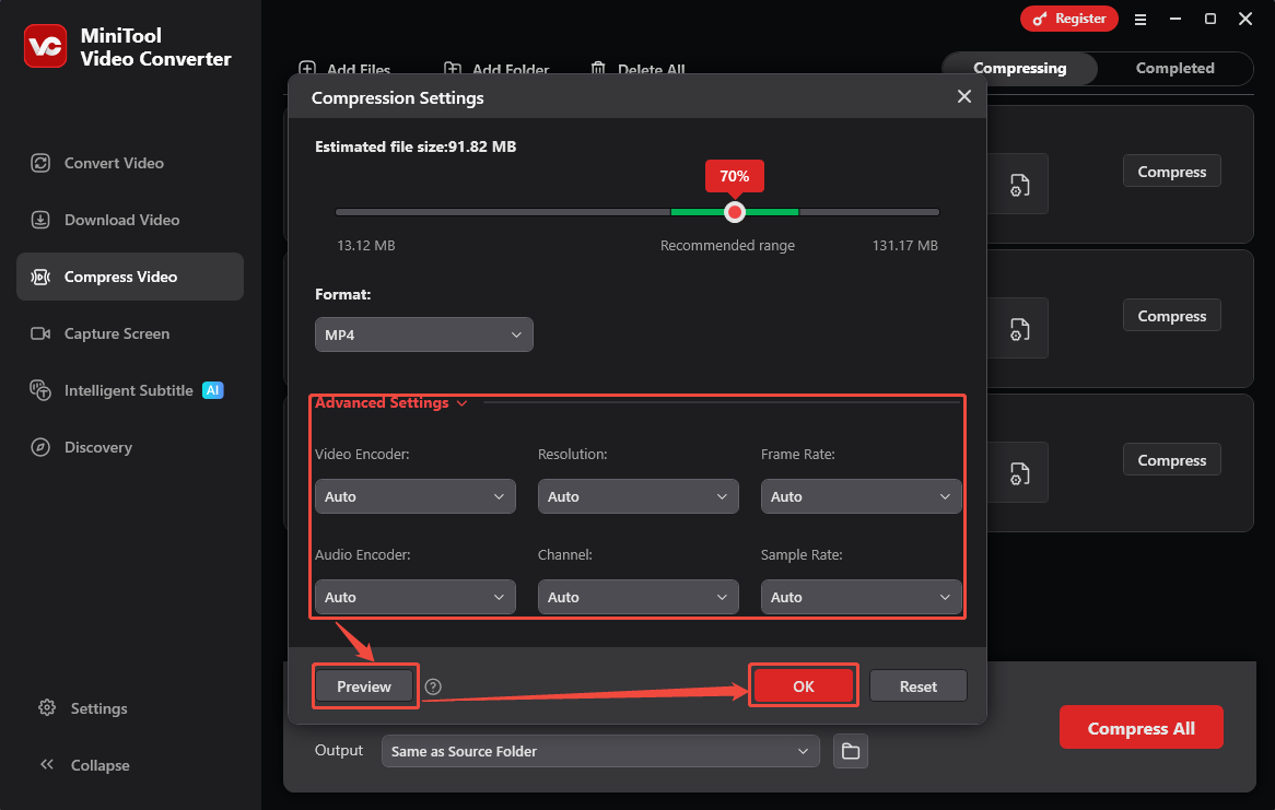 MiniTool Video Converter Compress Video tab showing how to change the parameters in the Compression Settings window.