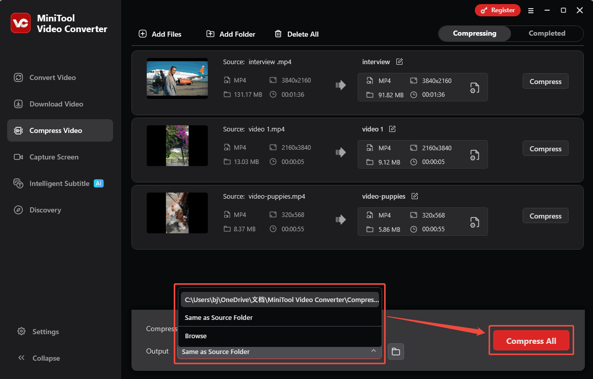 MiniTool Video Converter Compress Video tab with the opened Output option and the Compress button selected.