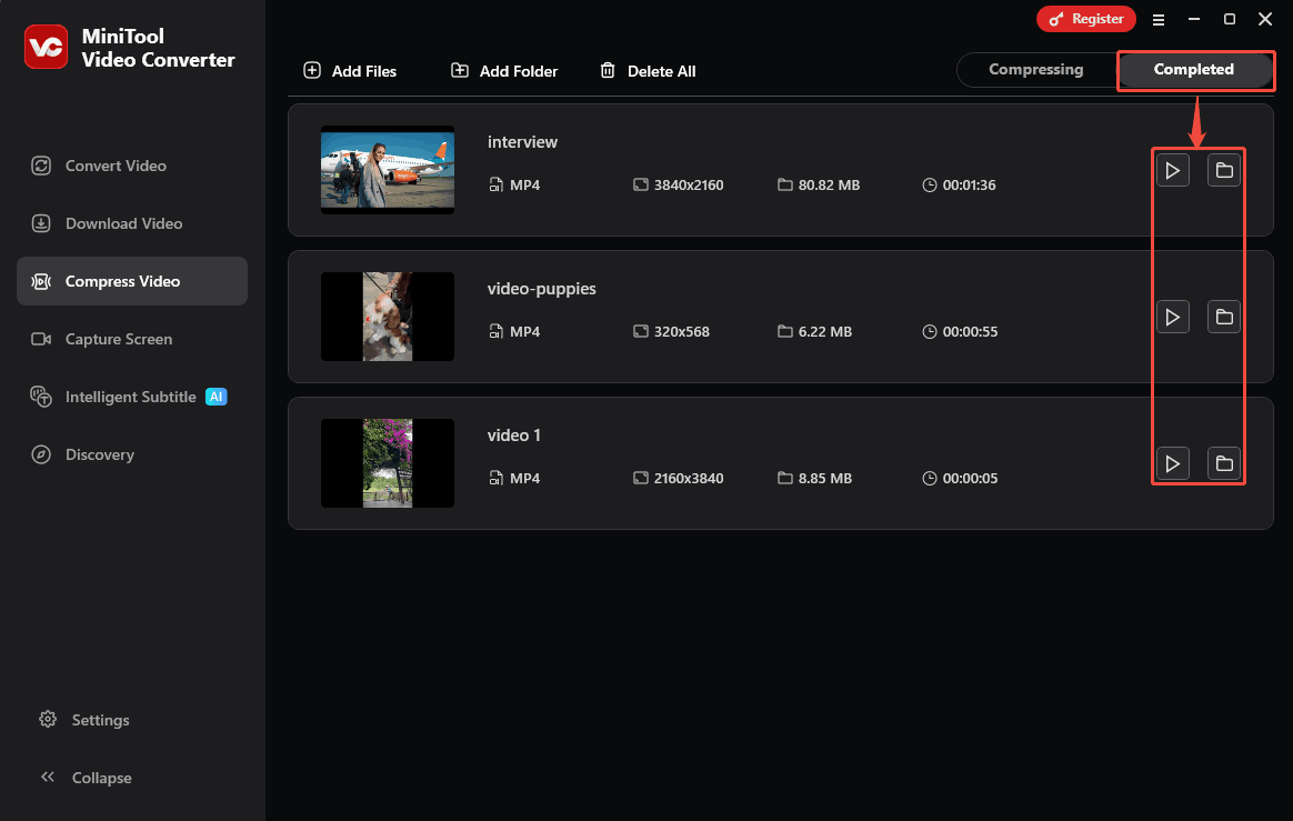 MiniTool Video Converter Completed tab with the Play icon and the Folder icon selected.