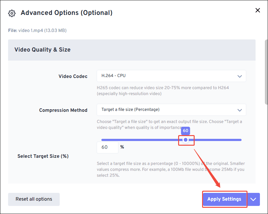 FreeConvert Advanced Options window with the compression slider and the Apply Settings button selected.