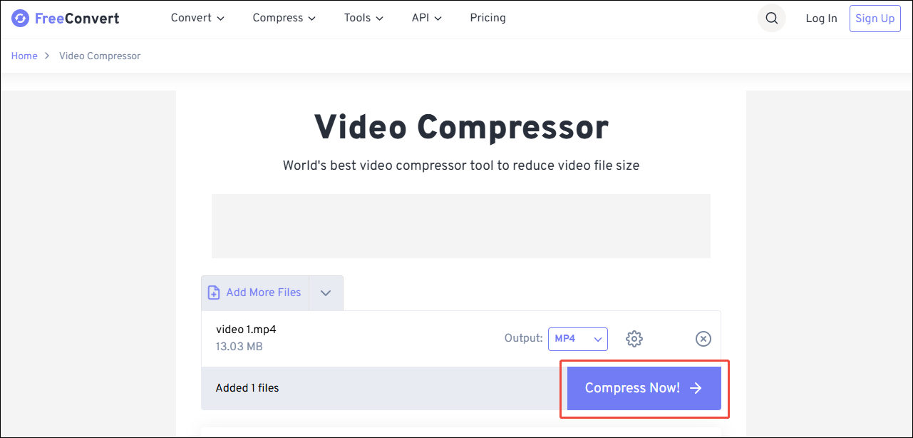 FreeConvert interface with the Compress Now button to begin the compression.