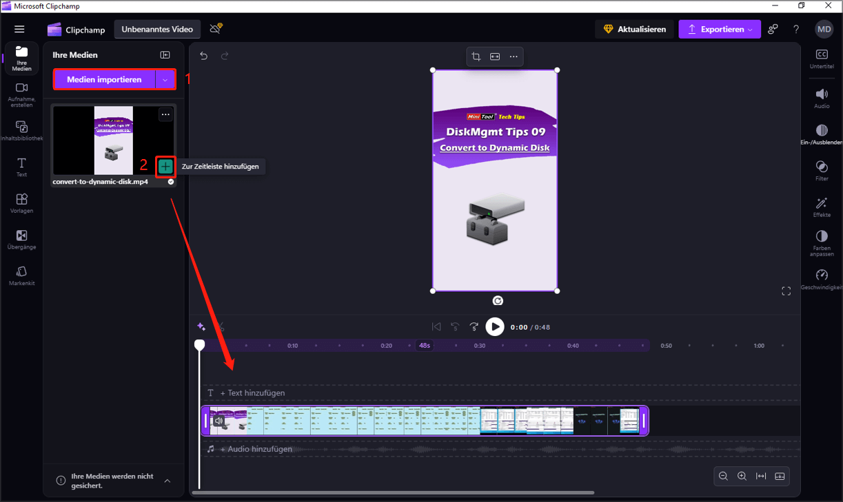 Ein Screenshot zum Hochladen des ASF-Videos auf Clipchamp und zum Hinzufügen zur Zeitleiste.