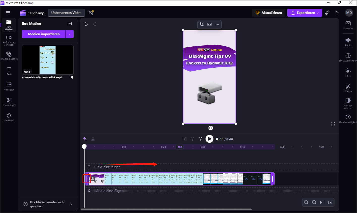 Ein Screenshot zum Ziehen des Doppelpfeils auf der Zeitleiste in Clipchamp.