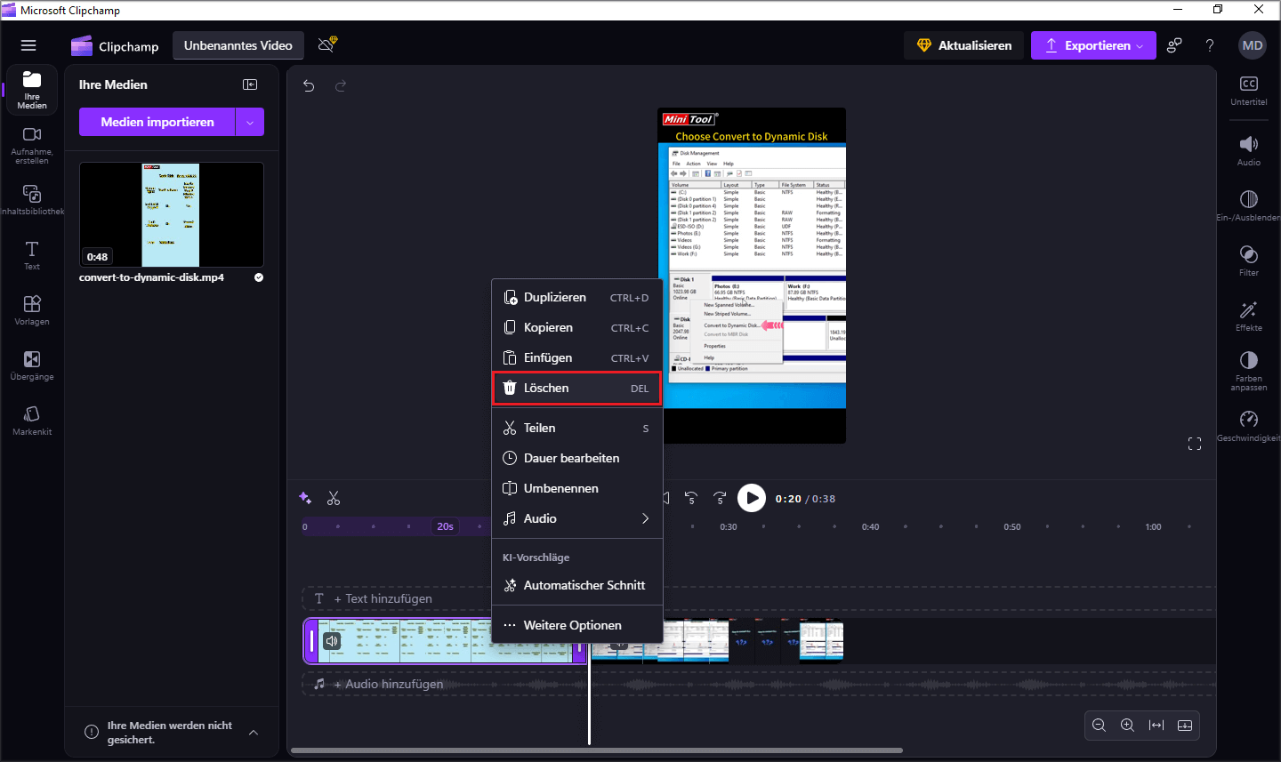 Markierung der Option Löschen im Kontextmenü in Clipchamp.