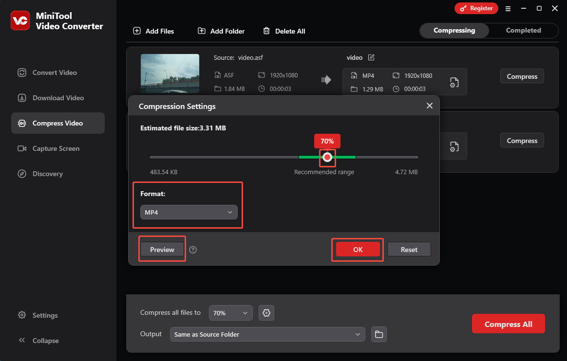 Ein Screenshot zum Anpassen der Komprimierungseinstellungen in MiniTool Video Converter.