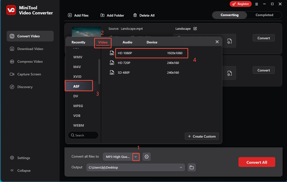 Ein Screenshot zur Auswahl des Ausgabeformats sowie der Auflösung für die komprimierten Videos in MiniTool Video Converter.