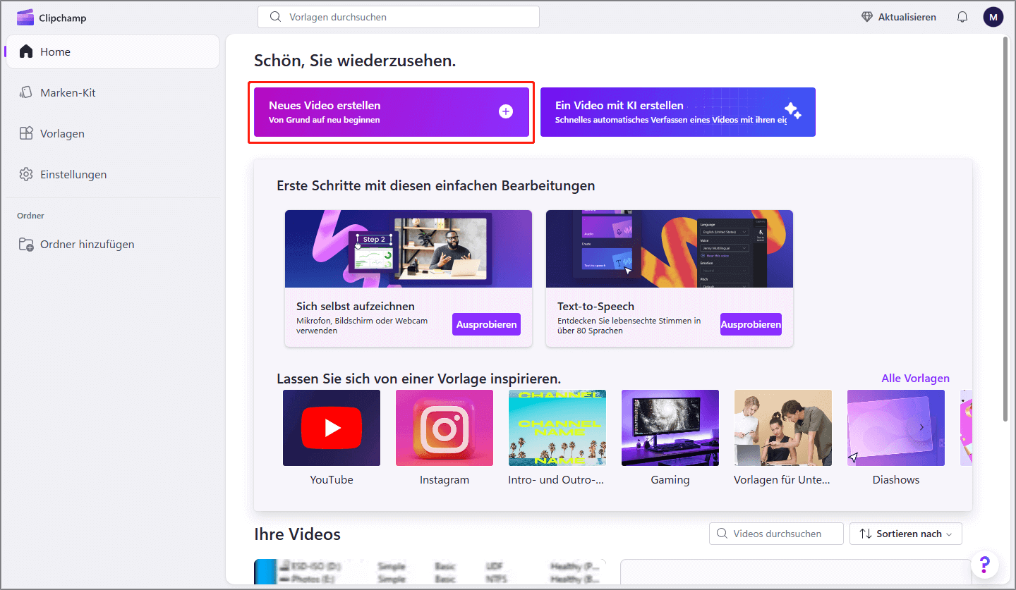 EMarkierung der Option Neues Video erstellen auf der Clipchamp-Startseite.