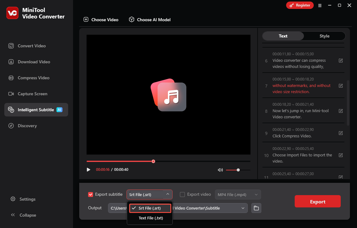 MiniTool Video Converter Intelligent Subtitle interface with the Srt File option selected in the Export subtitle menu.