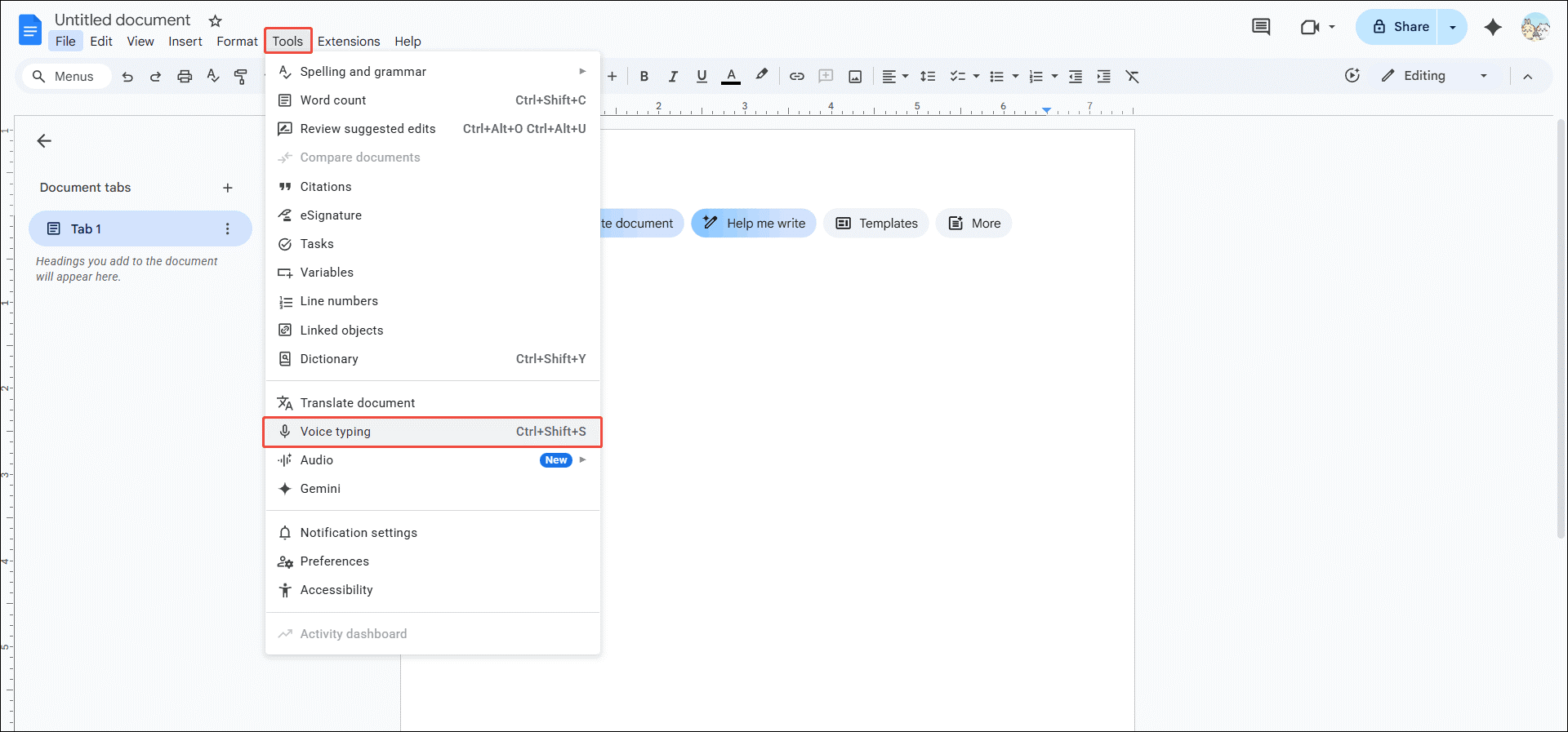 Google Docs interface with the Voice typing option selected in the Tools dropdown.