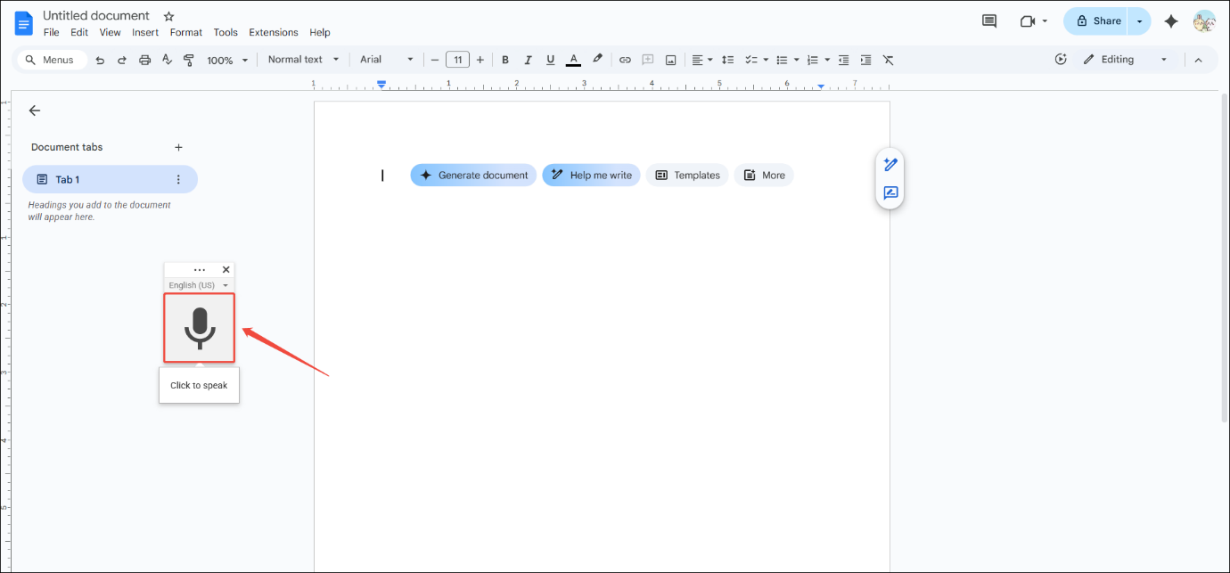 Google Docs interface with the microphone icon selected.