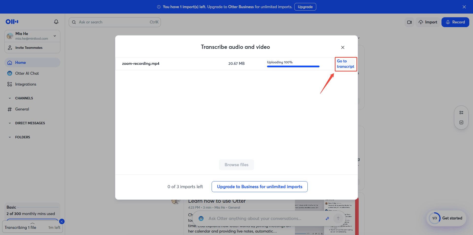 Otter Transcribe audio and video window with the Go to transcript option selected.
